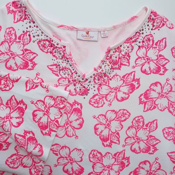 Quacker Factory Tops - Quacker Factory Top 3X Floral Rhinestone Embellished Artsy Tunic Beachy Colorful
